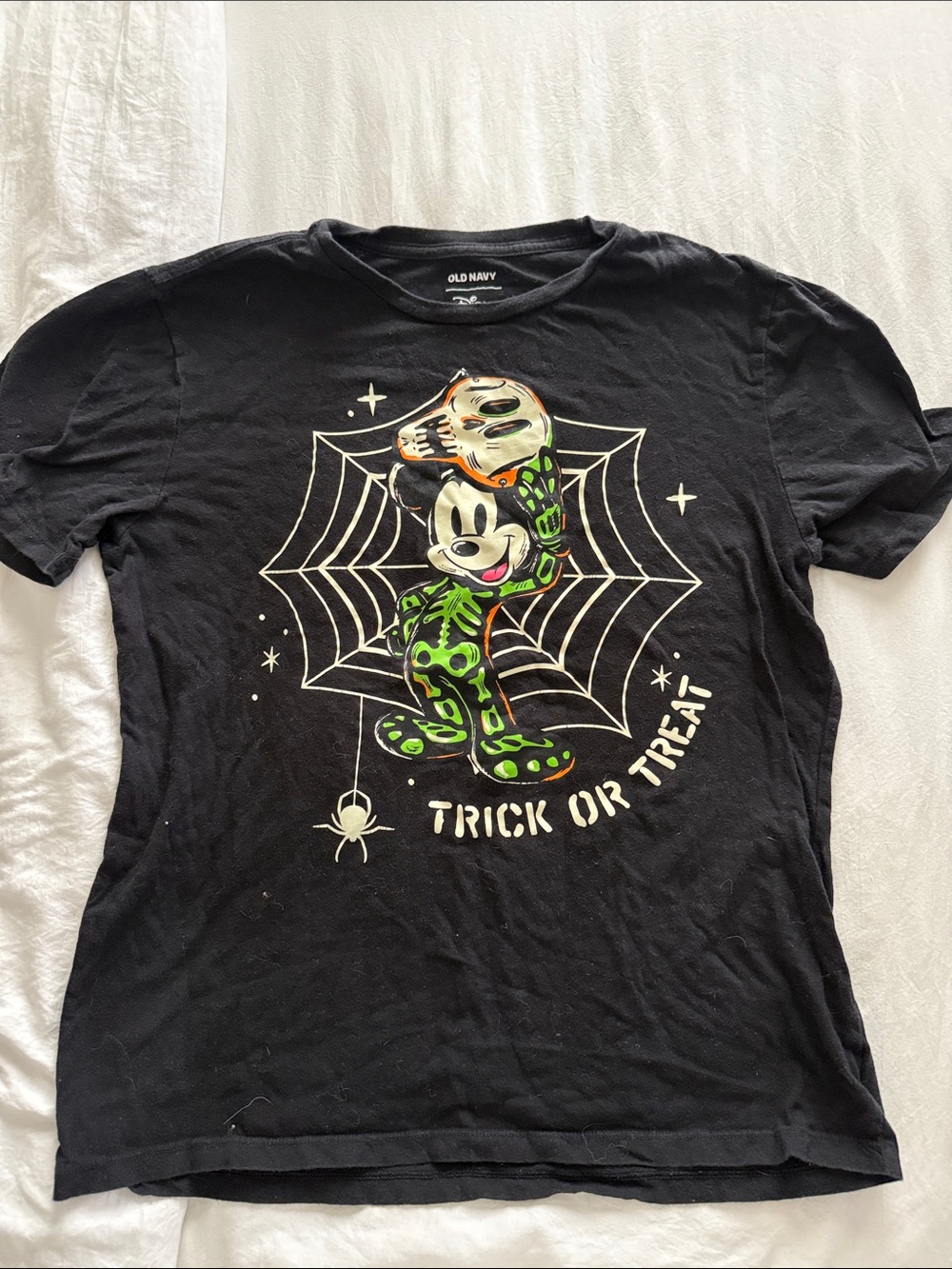 Old Navy Black Mickey Mouse Green Skeleton Halloween Tee